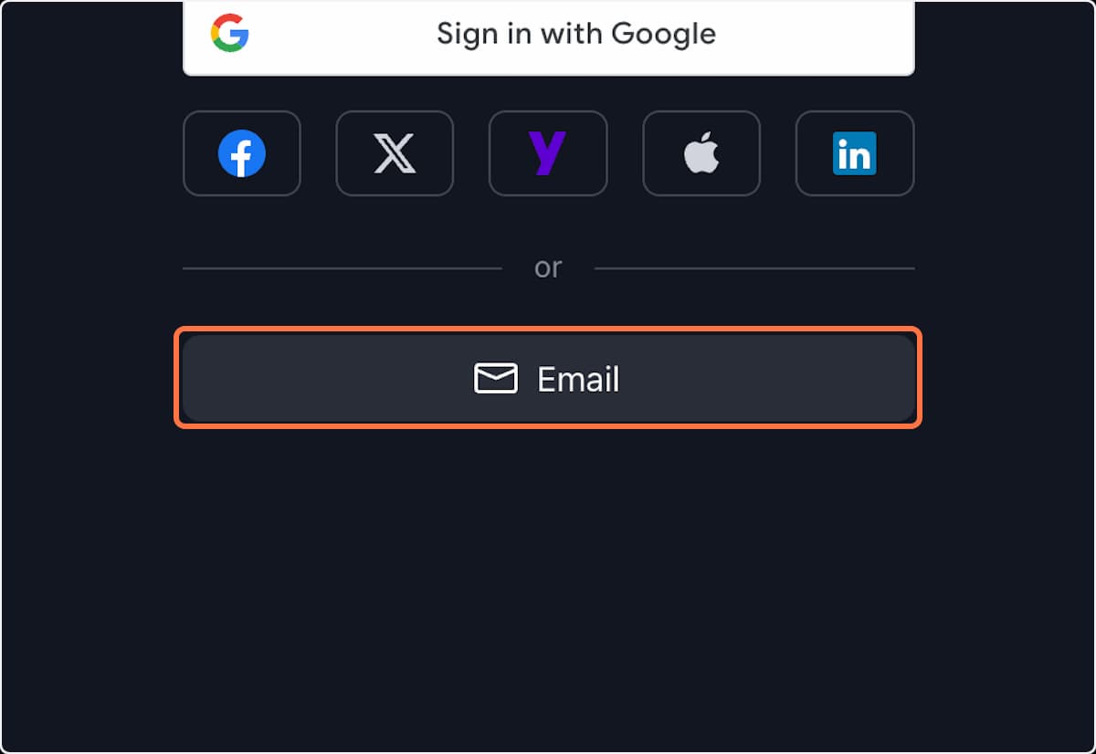 Registration options: email or social media